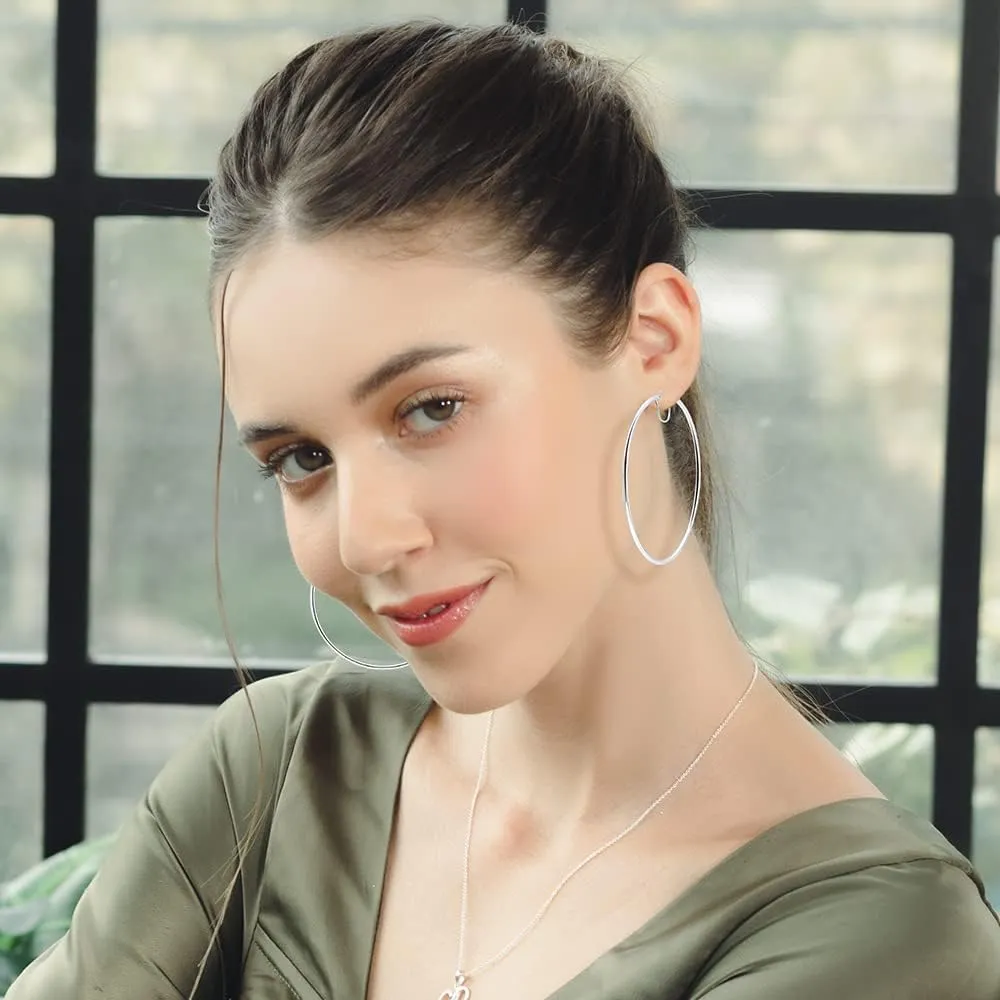 925 Sterling Silver Large Hoops 2mm Shiny Square-Tube Click-Top Hoop Earrings for Women, 70mm 80mm 90mm