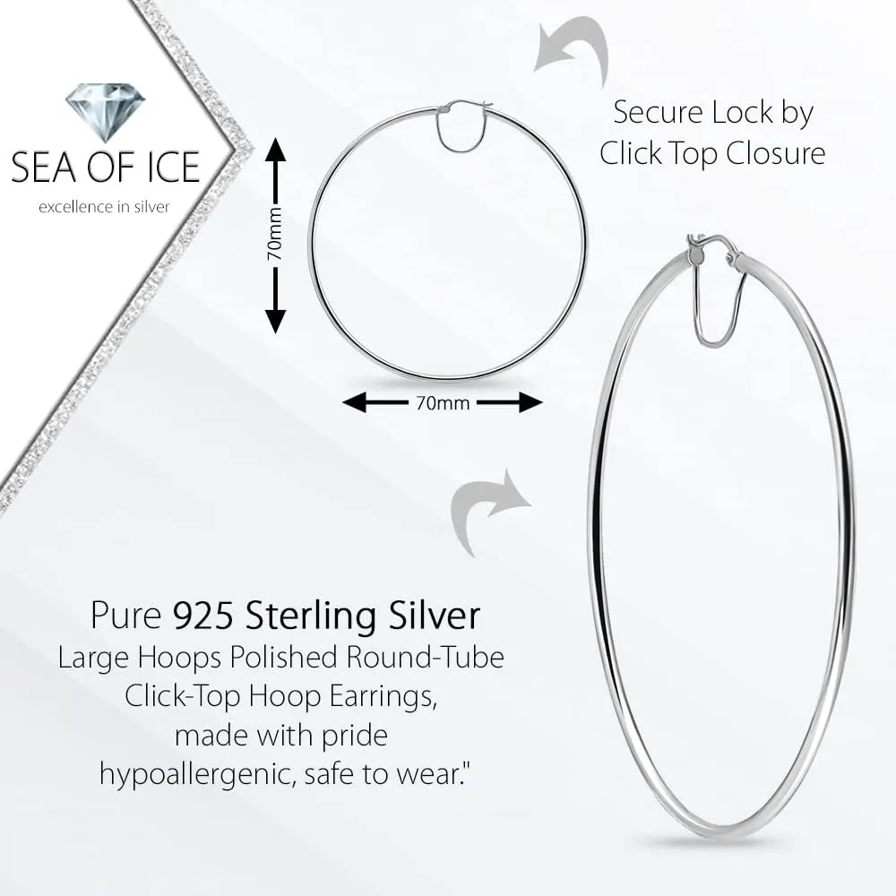 925 Sterling Silver Large Hoops 2mm Shiny Square-Tube Click-Top Hoop Earrings for Women, 70mm 80mm 90mm