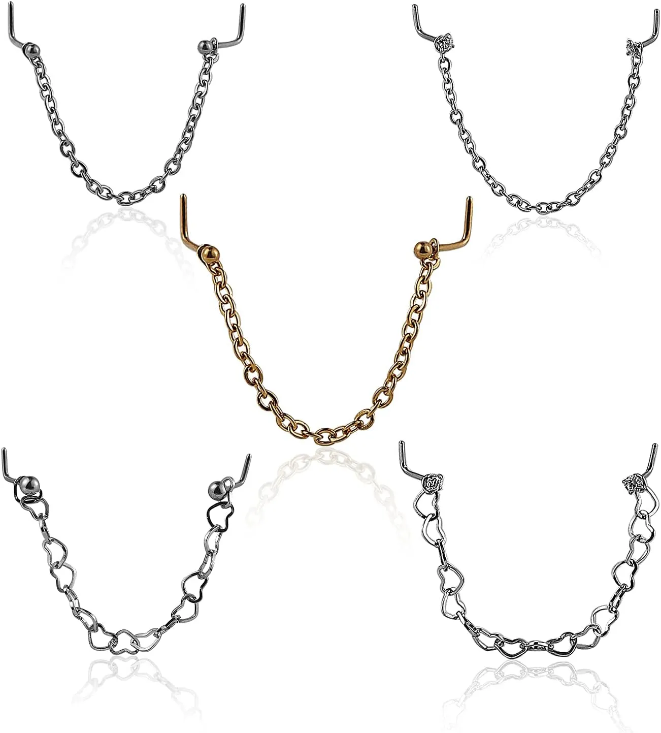 925 Sterling Silver Plated Nostril Nose Chain 3mm Nose Bone Zircon Stainless Steel Crystal Studs Love Heart Jewelry Set 1pcs Pircing Septum (3.0-6.2cm)