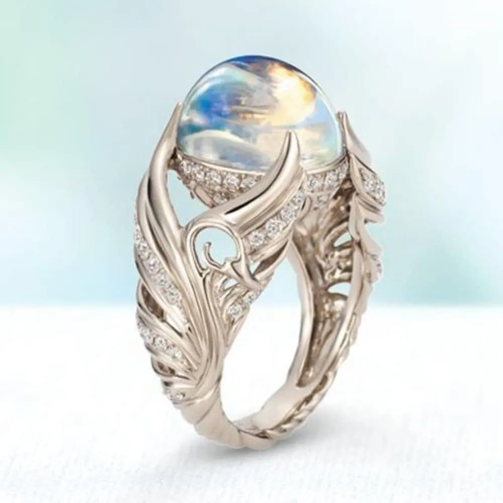 925 Sterling Silver Shiny Angel Wings Full Diamond Set Round Moonstone Ring Euramerican Micro Inlaid Zircon Diamond Ring Female Jewelry Found Earring Found (US Code 6)