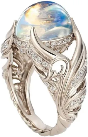 925 Sterling Silver Shiny Angel Wings Full Diamond Set Round Moonstone Ring Euramerican Micro Inlaid Zircon Diamond Ring Female Jewelry Found Earring Found (US Code 6)