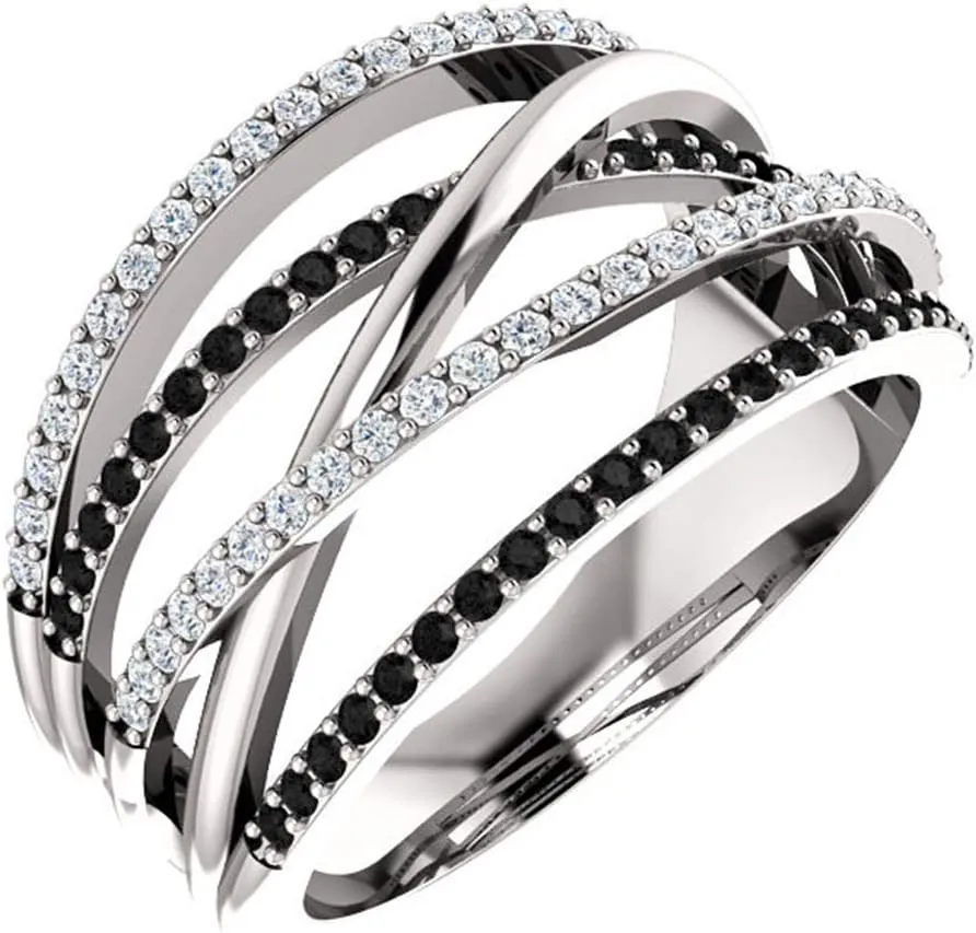 925 Sterling Silver Shiny Black Gem Ring with Cubic Zirconia and Multi Row CZ Diamond - Eternity Engagement Wedding Band for Women