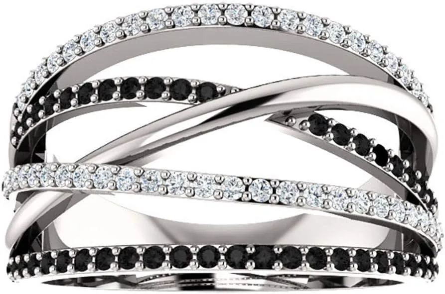 925 Sterling Silver Shiny Black Gem Ring with Cubic Zirconia and Multi Row CZ Diamond - Eternity Engagement Wedding Band for Women