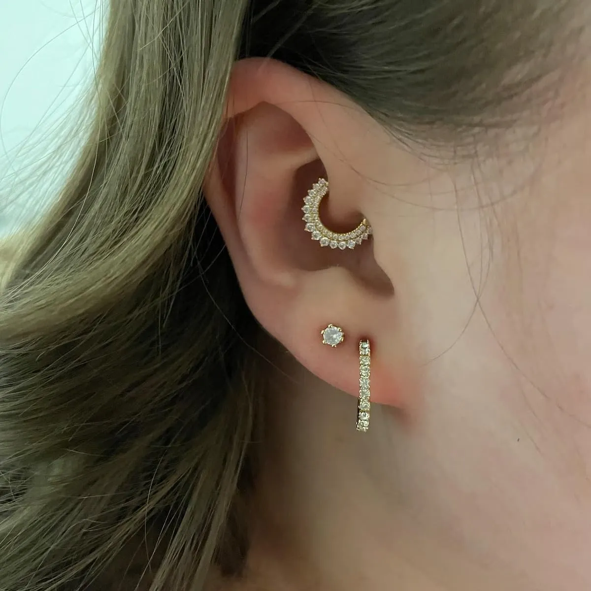 925 Sterling Silver Shiny Double Layer Rhinestone Hoop Earrings For Women Cartilage Hoop Ear Bone Buckle Piercing Jewelry