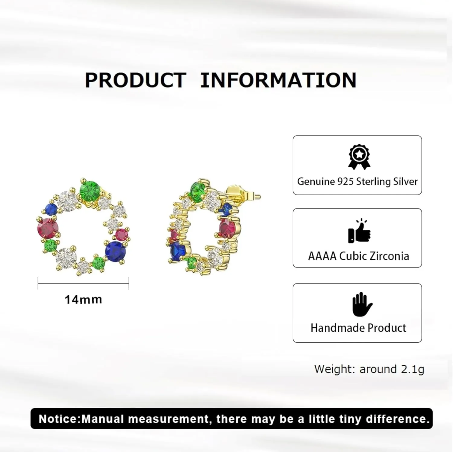 925 Sterling Silver Stud Earrings for Women Girls Xmas Wreath Earrings Cute Holiday Earrings Shiny Cubic Zirconia Jewelry Gift