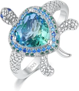 925 Sterling Silver Turtle Ring with Blue Crystal Cubic Zirconia Platinum Plated Bithday Mother's Day Ocean Theme Jewelry gift for Women Mom and Daughter 7#