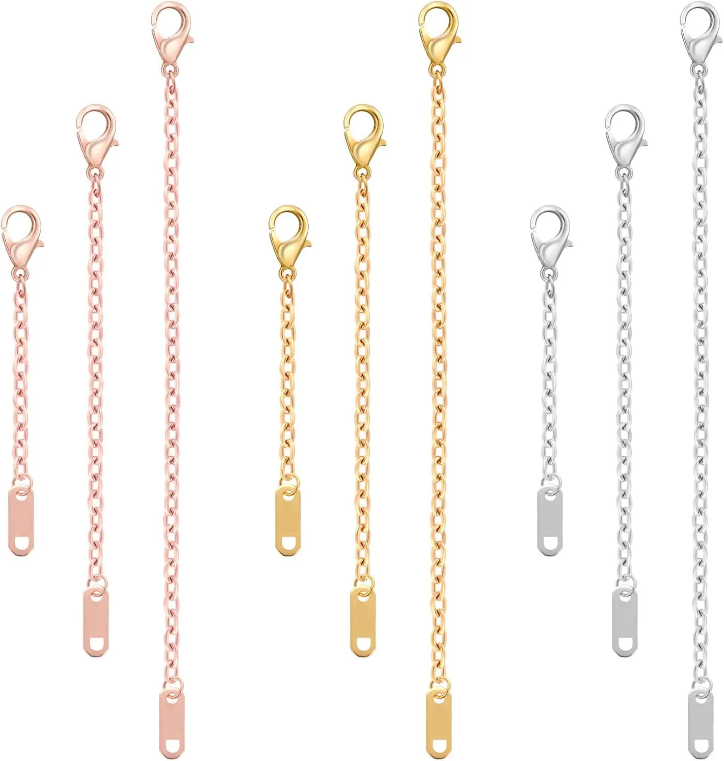 9Pcs Necklace Extender, Jewelry Extenders for Necklaces, Rose Gold Stainless Steel Jewelry Chain Extenders for Necklace Bracelet Anklet (Gold, Silver, Rose Gold, 5.9inch/3.9inch/2inch)