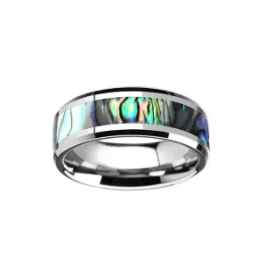 Abalone Ring Nature Wedding Band Tungsten Rings for Men with Beveled Edges 8mm Tropical Silver Ring Abalone Shell Inlay Couples Set Comfort Fit Anniversary Gifts for Him