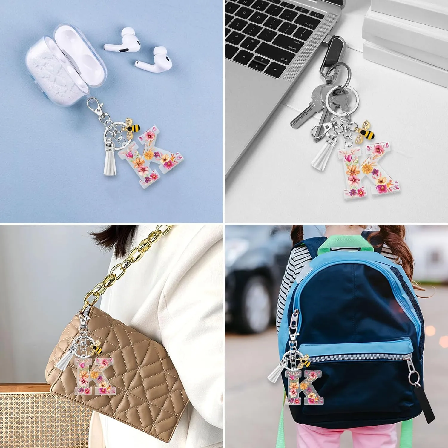 Acrylic Letter Keychain Alphabet Initial Letter Keychain for Women White Tassel Pendant Keychain for Backpack Purse