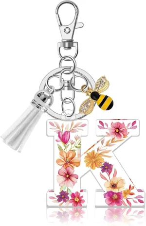 Acrylic Letter Keychain Alphabet Initial Letter Keychain for Women White Tassel Pendant Keychain for Backpack Purse