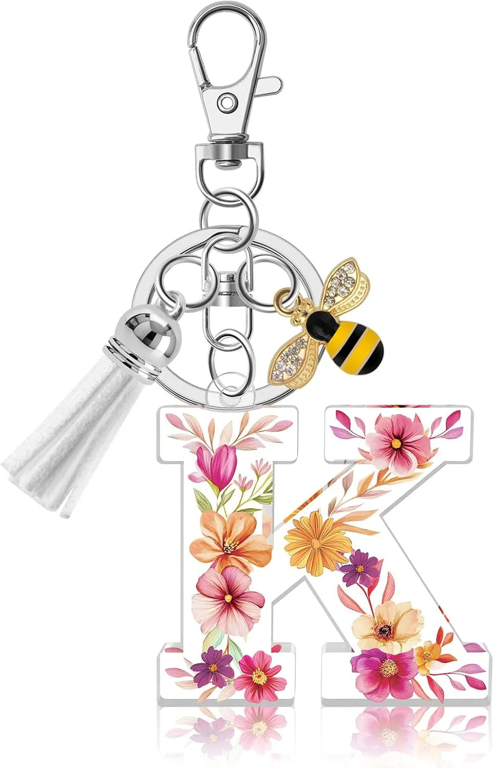 Acrylic Letter Keychain Alphabet Initial Letter Keychain for Women White Tassel Pendant Keychain for Backpack Purse