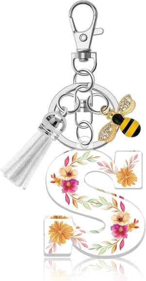 Acrylic Letter Keychain Alphabet Initial Letter Keychain for Women White Tassel Pendant Keychain for Backpack Purse