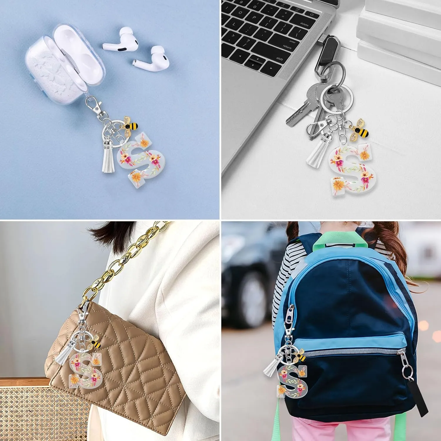 Acrylic Letter Keychain Alphabet Initial Letter Keychain for Women White Tassel Pendant Keychain for Backpack Purse