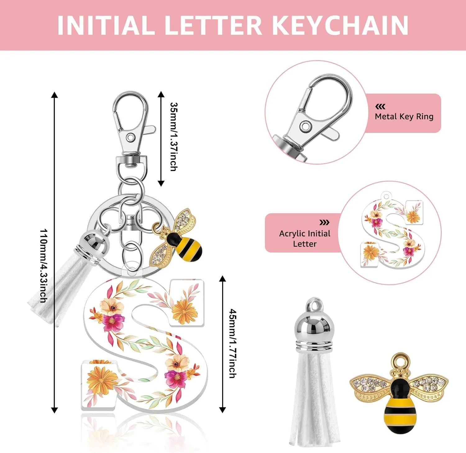Acrylic Letter Keychain Alphabet Initial Letter Keychain for Women White Tassel Pendant Keychain for Backpack Purse