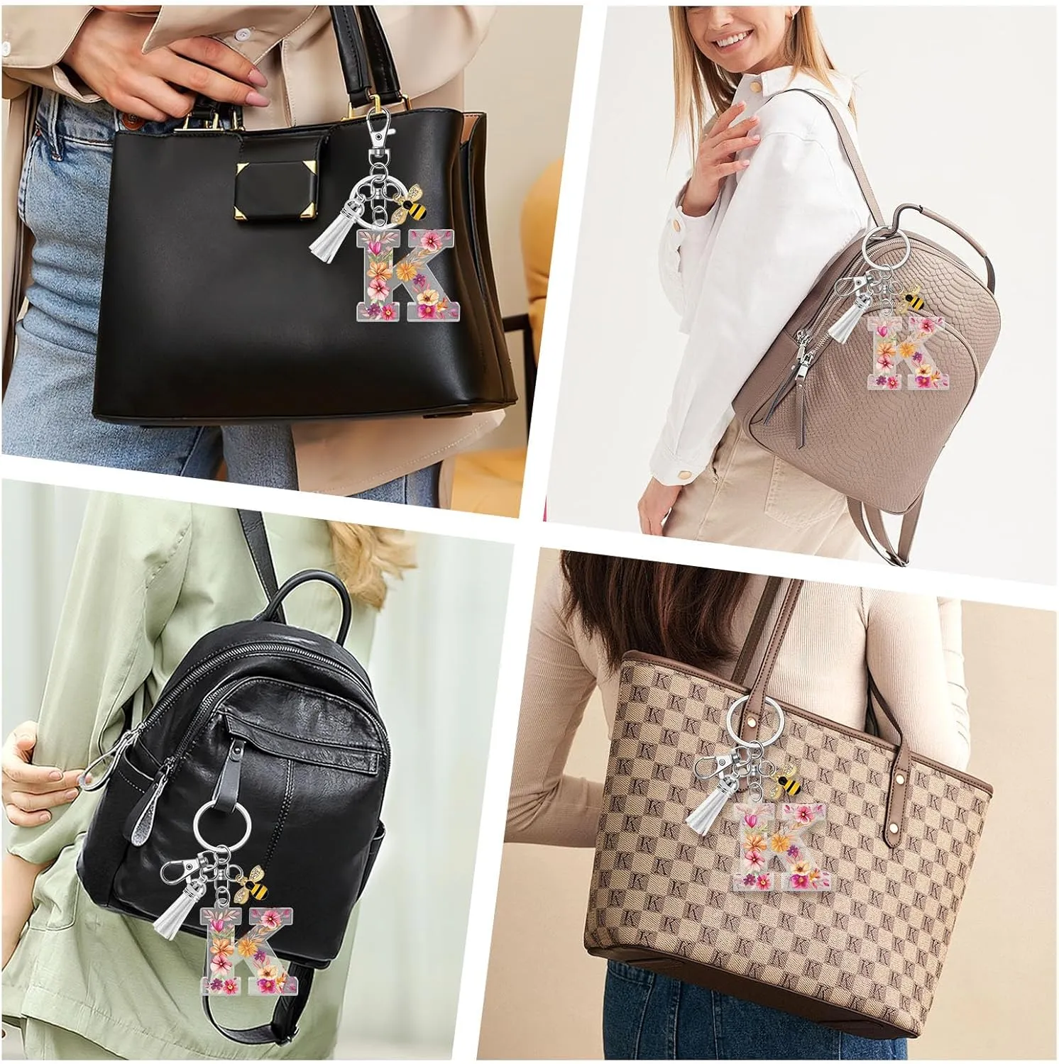 Acrylic Letter Keychain Alphabet Initial Letter Keychain for Women White Tassel Pendant Keychain for Backpack Purse