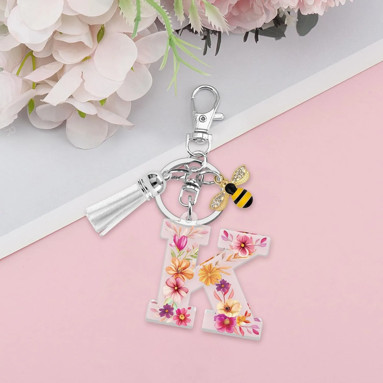 Acrylic Letter Keychain Alphabet Initial Letter Keychain for Women White Tassel Pendant Keychain for Backpack Purse