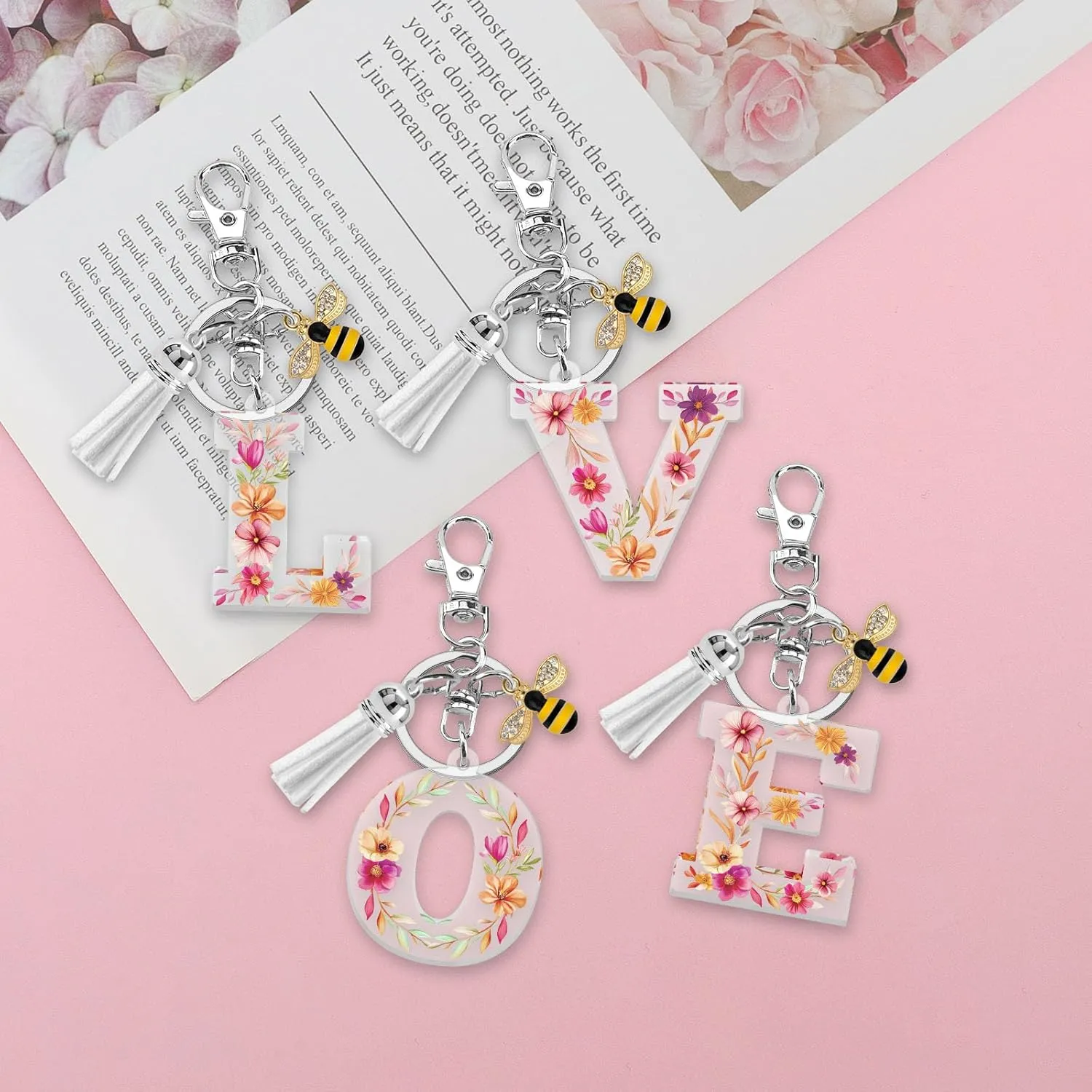 Acrylic Letter Keychain Alphabet Initial Letter Keychain for Women White Tassel Pendant Keychain for Backpack Purse