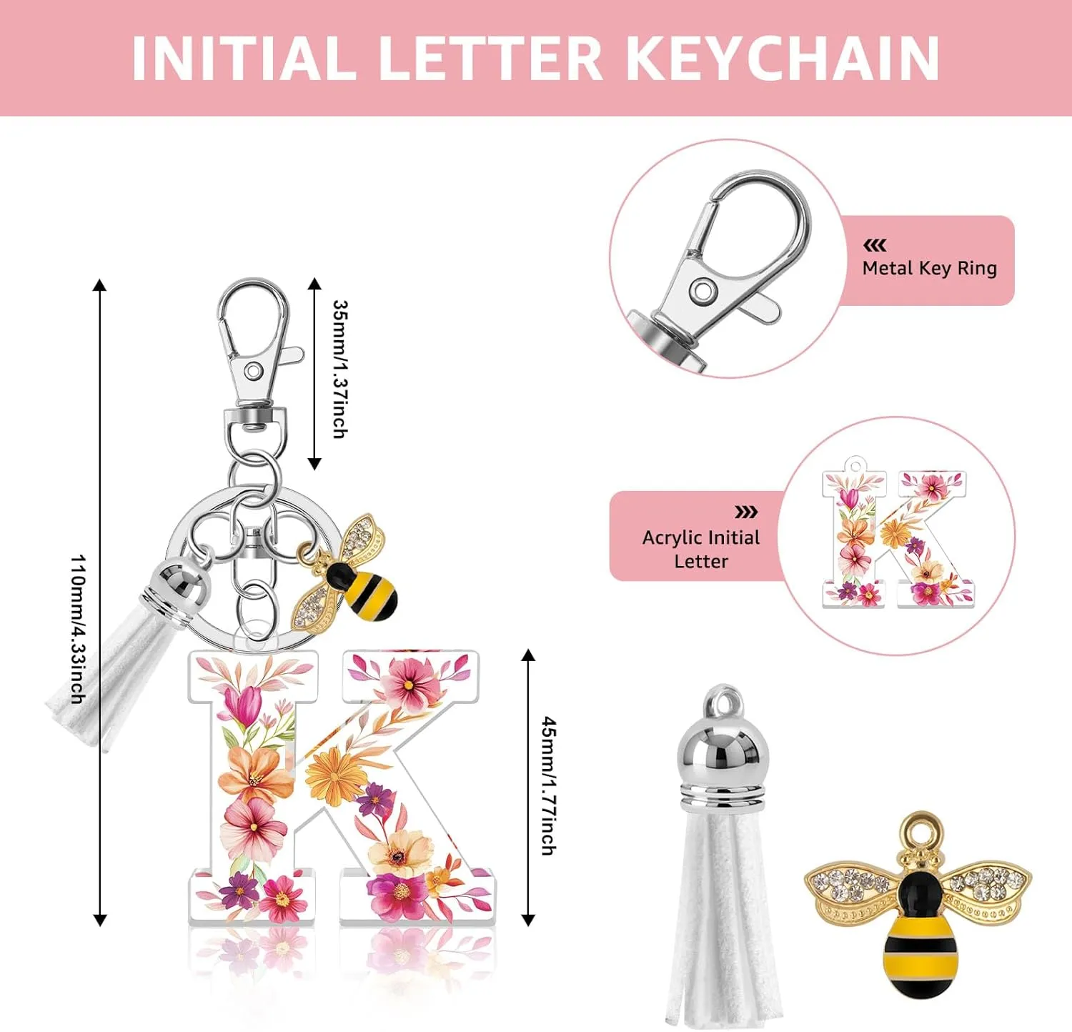 Acrylic Letter Keychain Alphabet Initial Letter Keychain for Women White Tassel Pendant Keychain for Backpack Purse