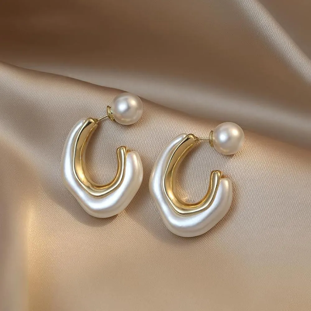 Acrylic Open Hoop Statement Earrings for Women,Fashion Chunky Geometric Resin Double Sided C Earrings,Minimalist Pearl Open Hoop Earrings Jewelry