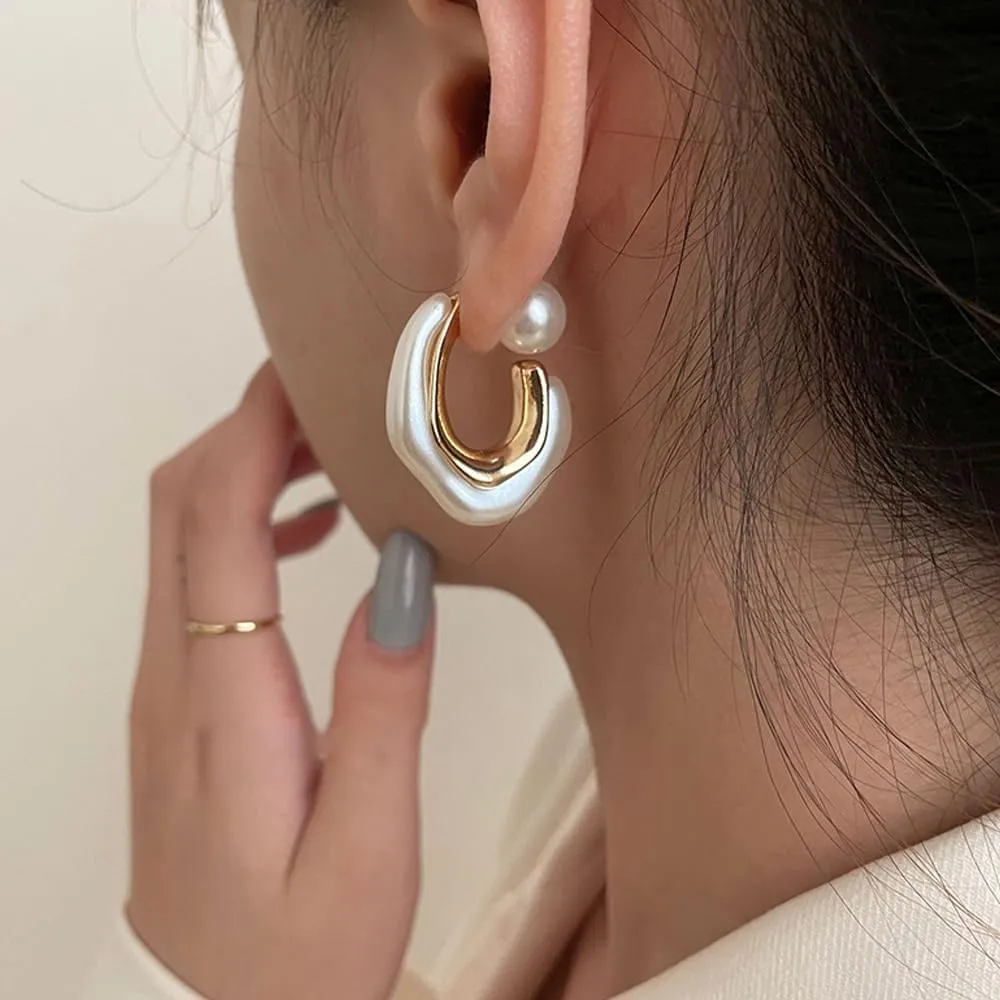Acrylic Open Hoop Statement Earrings for Women,Fashion Chunky Geometric Resin Double Sided C Earrings,Minimalist Pearl Open Hoop Earrings Jewelry