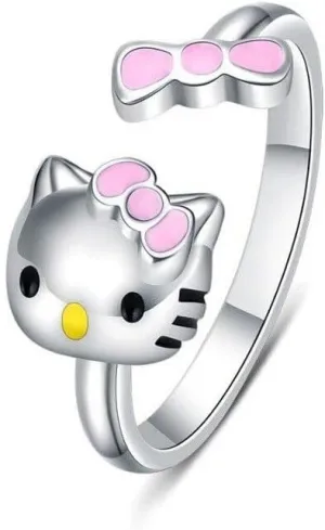 Adorable Pink Silver Dreamboat Cute Cat Adjustable Rings For Women 925 Sterling Silver Lovely Animals Open Ring Jewelry