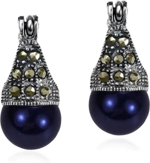 AeraVida Vintage Flair Marcasite Style Pyrite and Black Faux Pearl .925 Sterling Silver 8mm Huggie Earrings | Fashion Jewelry for Women