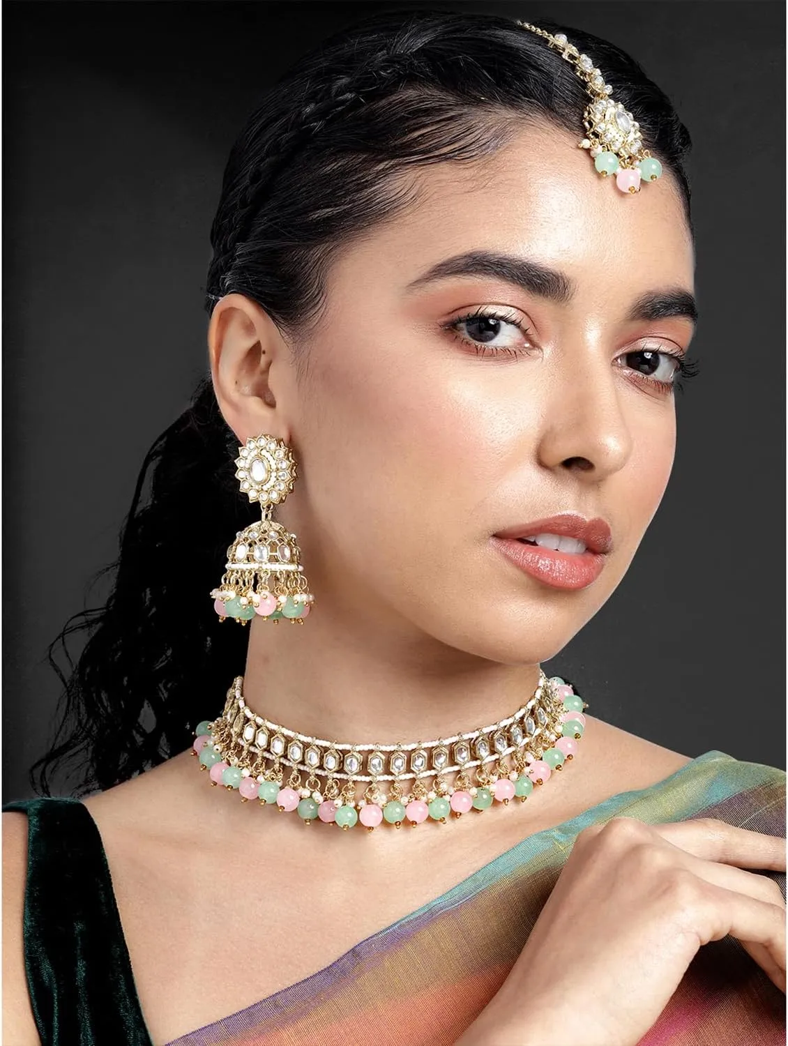 Aheli Gold Plated Kundan Studded Choker Necklace Jhumki Earrings & Maang Tikka Ethnic Fashion Jewellery Set Gift for Women