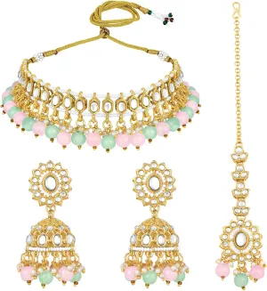Aheli Gold Plated Kundan Studded Choker Necklace Jhumki Earrings & Maang Tikka Ethnic Fashion Jewellery Set Gift for Women