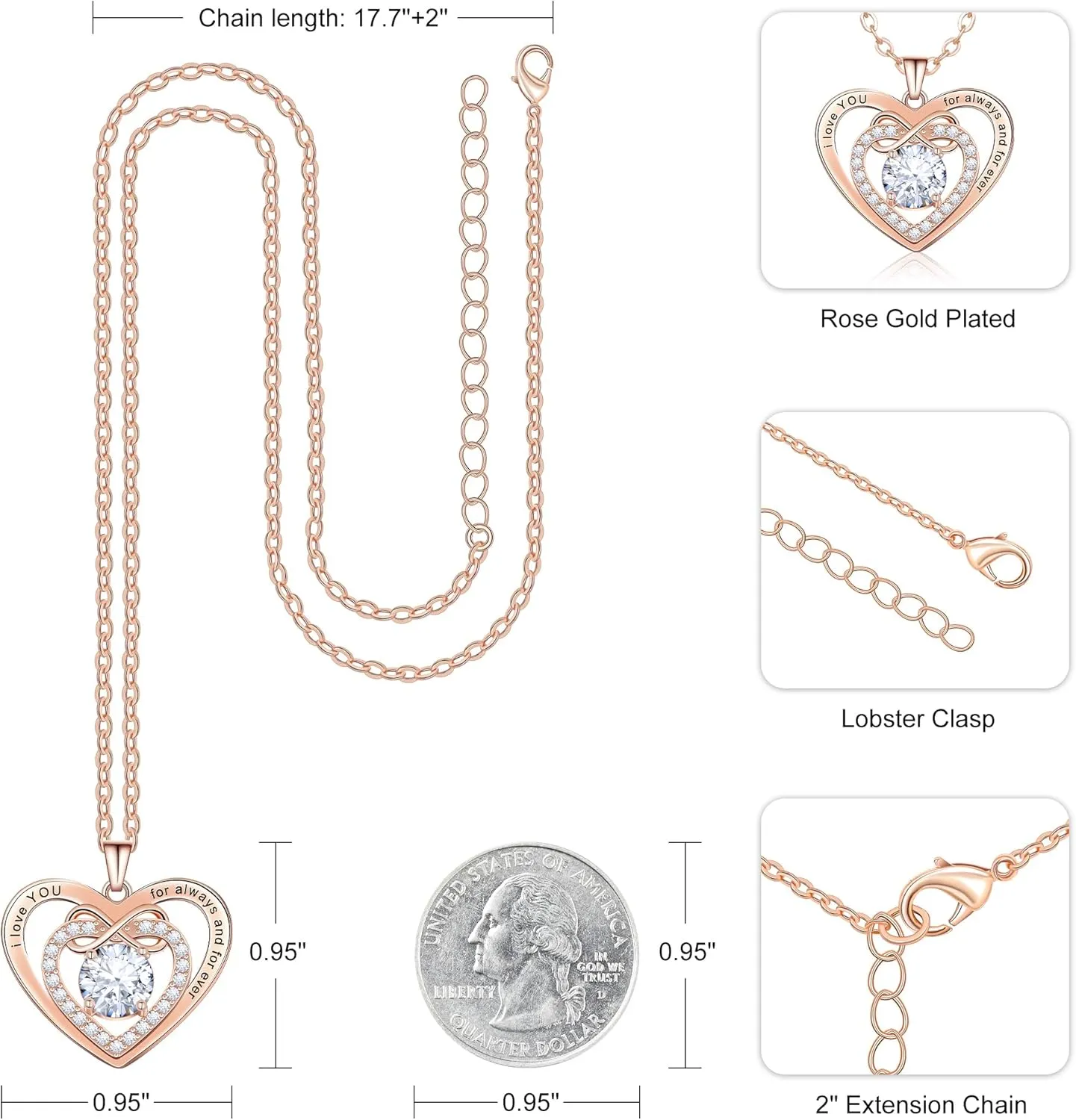 AILUOR Love Heart Necklaces for Women, Infinite Heart Birthstone Pendant Necklace, Anniversary Birthday Gifts for Wife Mom, Rose Gold Plated Necklace for Valentine's Mothers Day