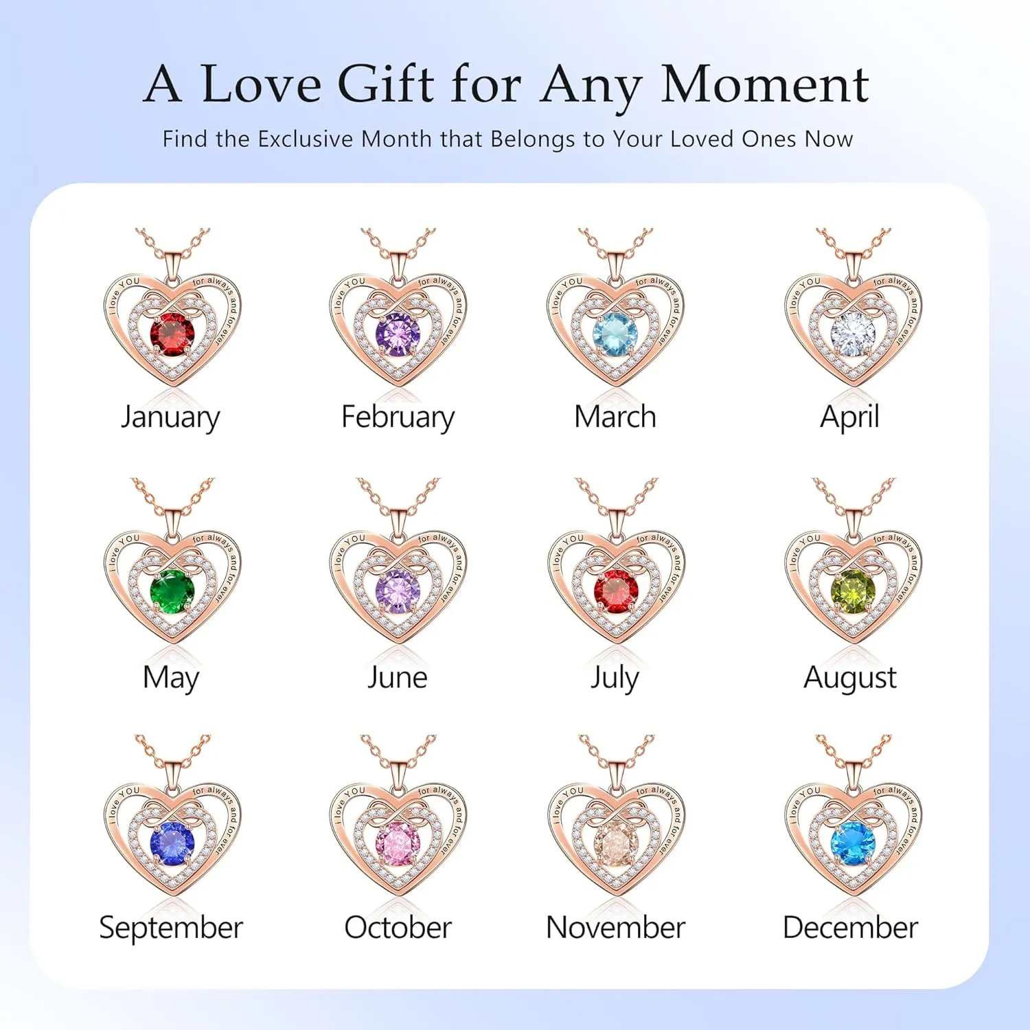 AILUOR Love Heart Necklaces for Women, Infinite Heart Birthstone Pendant Necklace, Anniversary Birthday Gifts for Wife Mom, Rose Gold Plated Necklace for Valentine's Mothers Day