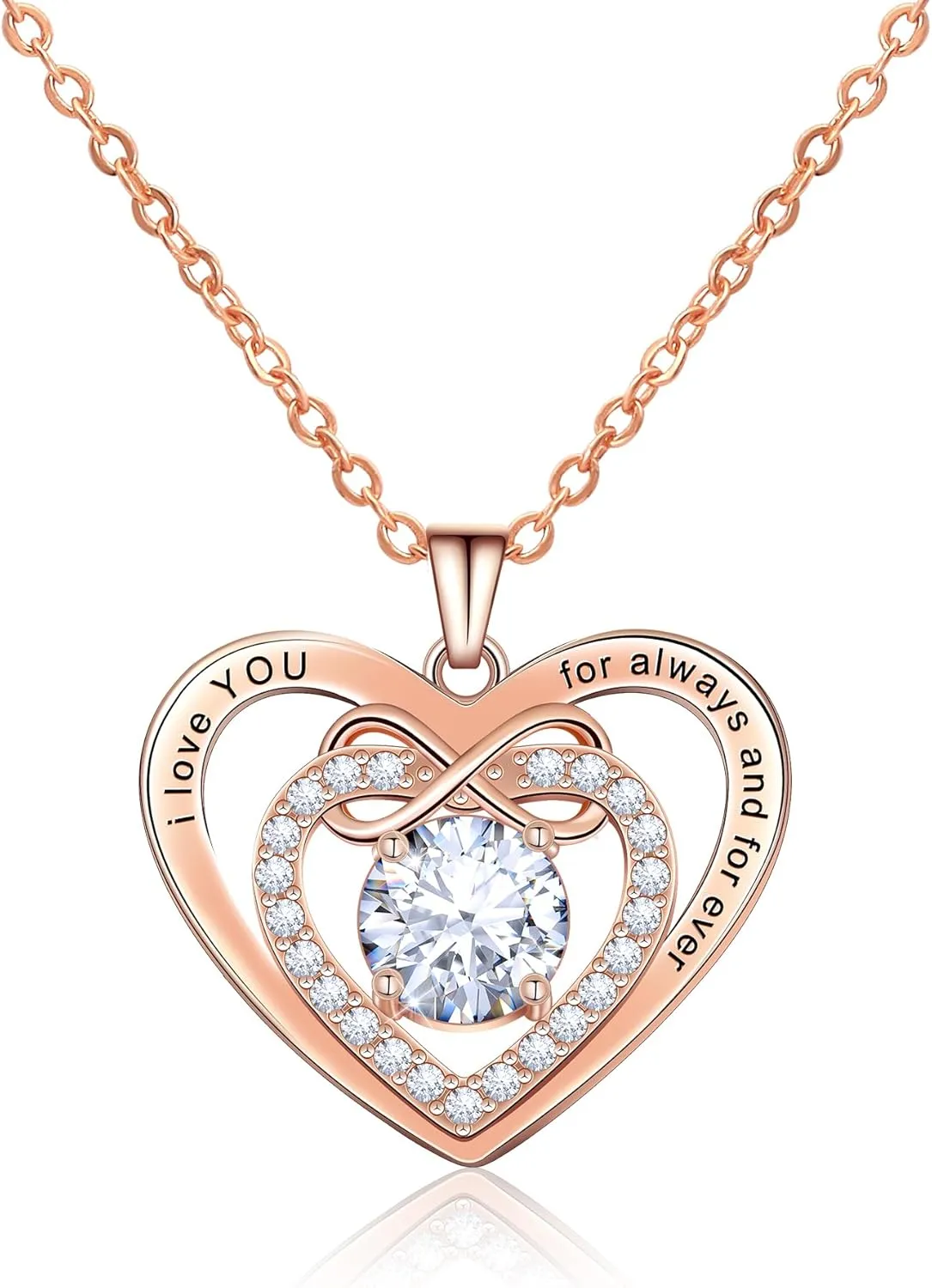 AILUOR Love Heart Necklaces for Women, Infinite Heart Birthstone Pendant Necklace, Anniversary Birthday Gifts for Wife Mom, Rose Gold Plated Necklace for Valentine's Mothers Day