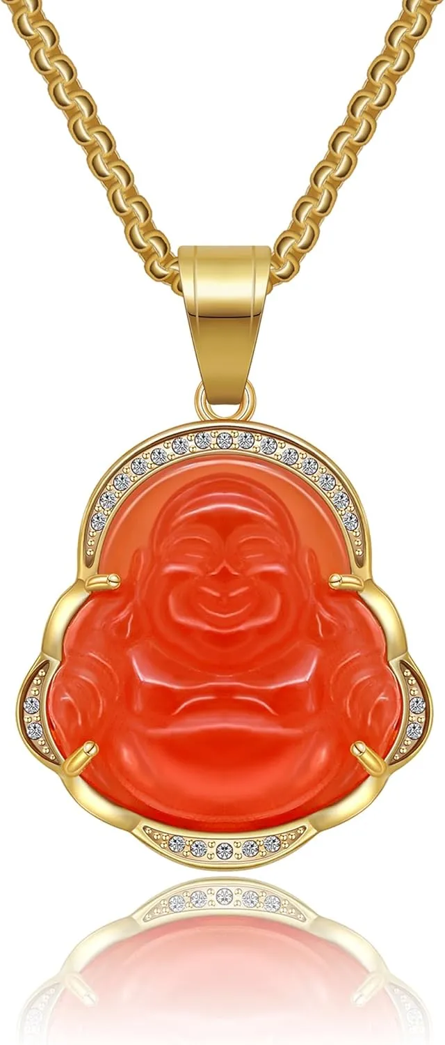 AILUOR Lucky Laughing Buddha Necklaces, Good Luck Necklace Buddha Pendant Green Jade Buddha Necklace Iced Out Bling Cubic Zirconia 18K Gold Plated Chain Dainty Amulet Necklace Jewelry Gifts