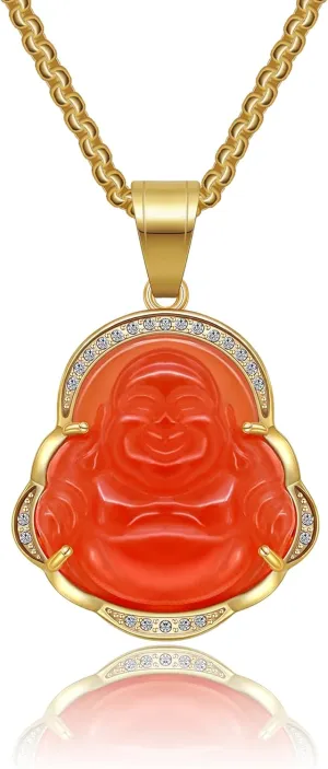 AILUOR Lucky Laughing Buddha Necklaces, Good Luck Necklace Buddha Pendant Green Jade Buddha Necklace Iced Out Bling Cubic Zirconia 18K Gold Plated Chain Dainty Amulet Necklace Jewelry Gifts