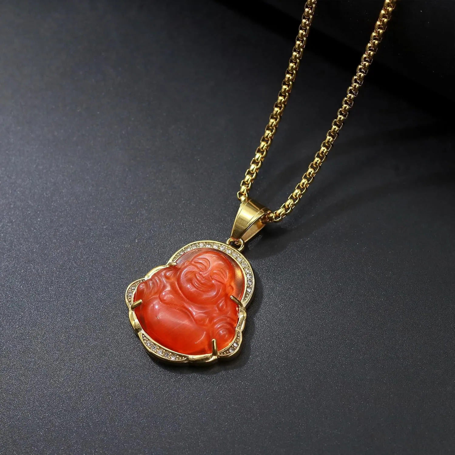 AILUOR Lucky Laughing Buddha Necklaces, Good Luck Necklace Buddha Pendant Green Jade Buddha Necklace Iced Out Bling Cubic Zirconia 18K Gold Plated Chain Dainty Amulet Necklace Jewelry Gifts