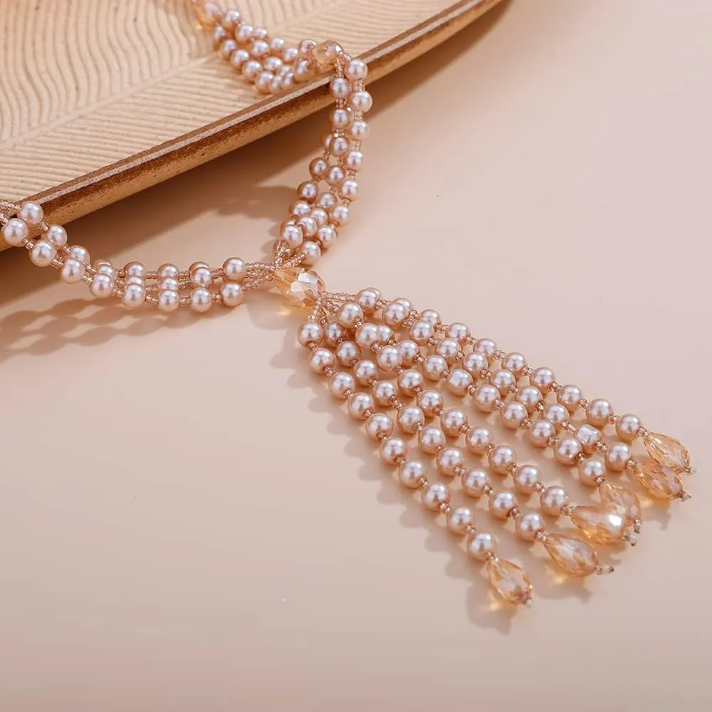 Aimimier Bohemian 3-Strand Faux Pearl Knot Beaded Necklace