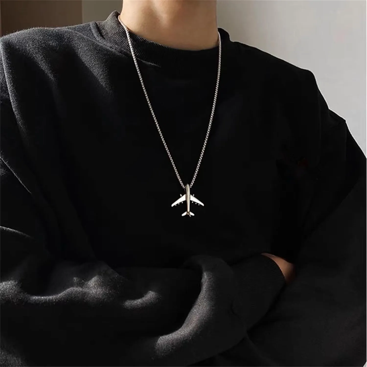 Airplane Aircraft Pendant Necklace Stainless Steel 3D Simple Charm Silver Jet Plane Model Flight Attendant Pilot Chain Necklace for Women Men Minimalist Aviation Traveler Fashion Jewelry Gifts