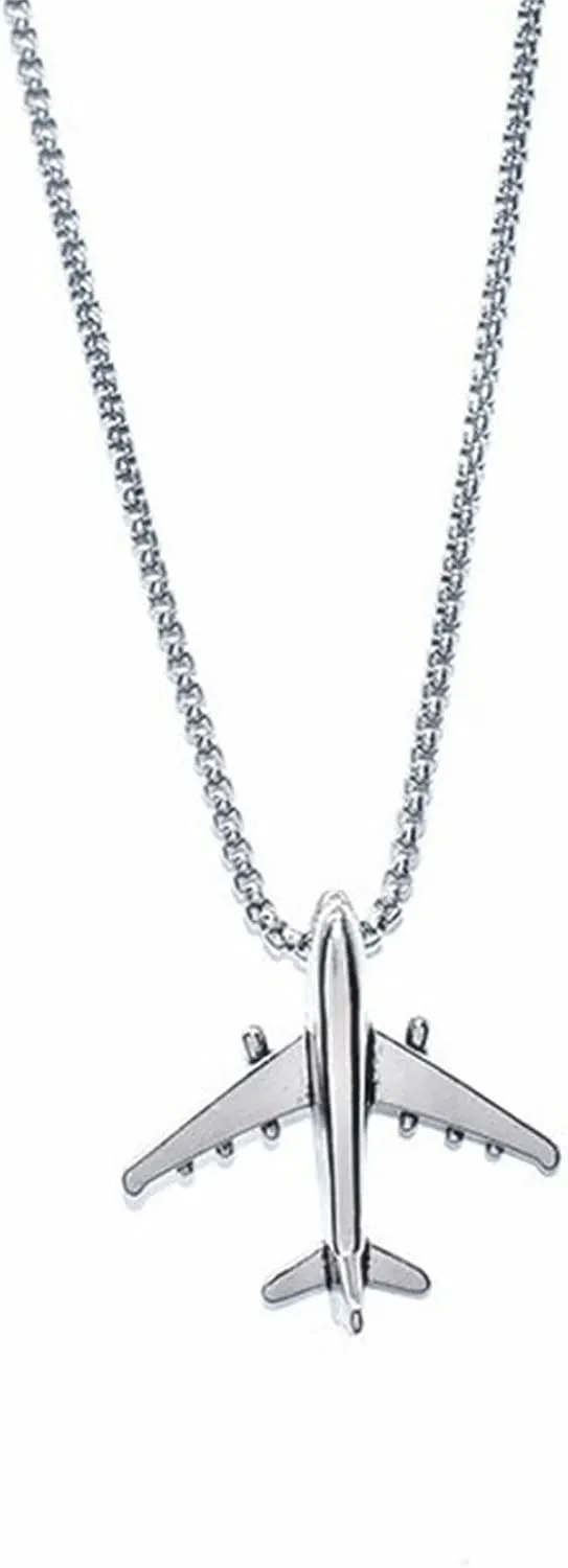 Airplane Aircraft Pendant Necklace Stainless Steel 3D Simple Charm Silver Jet Plane Model Flight Attendant Pilot Chain Necklace for Women Men Minimalist Aviation Traveler Fashion Jewelry Gifts