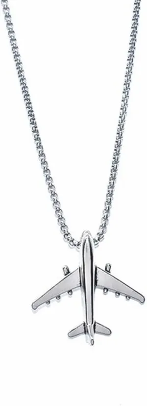 Airplane Aircraft Pendant Necklace Stainless Steel 3D Simple Charm Silver Jet Plane Model Flight Attendant Pilot Chain Necklace for Women Men Minimalist Aviation Traveler Fashion Jewelry Gifts