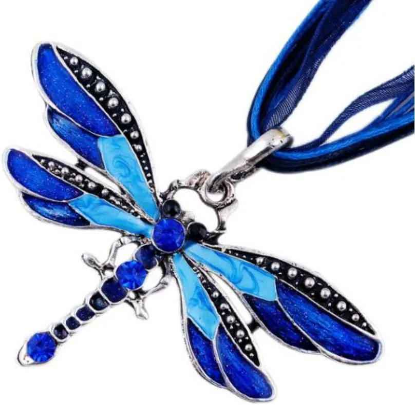 AKOAK Fashion Creative Bohemian Jewelry Ethnic Multi-layer Chain Colorful Enamel Dragonfly Pendant NecklaceBlue