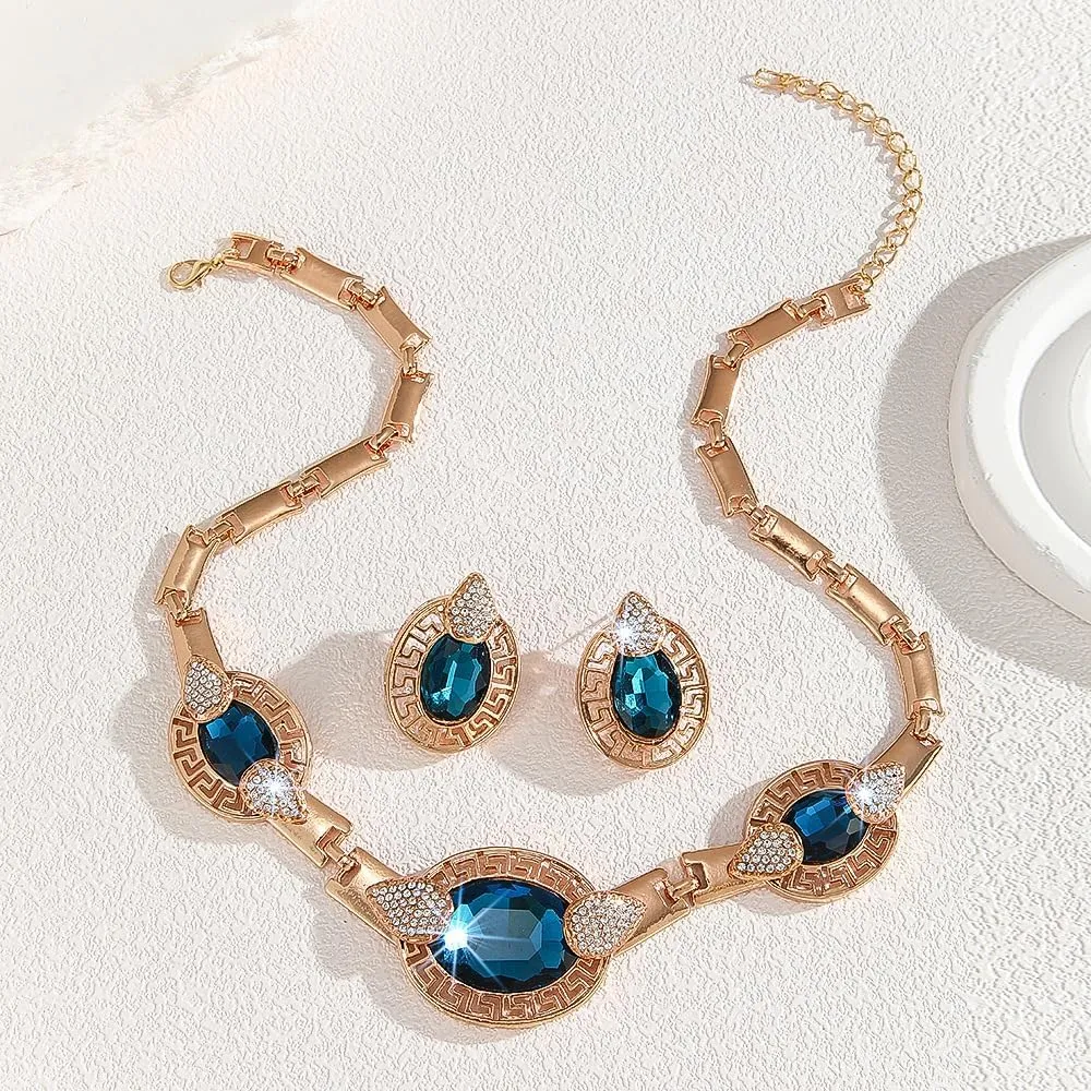 Alloy Crystal Statement Necklace Earrings Sets for Women Elegant Rose Gold Pendant Jewelry for Bridal Bridesmaid Weddings Parties Evening Events Special Occasions