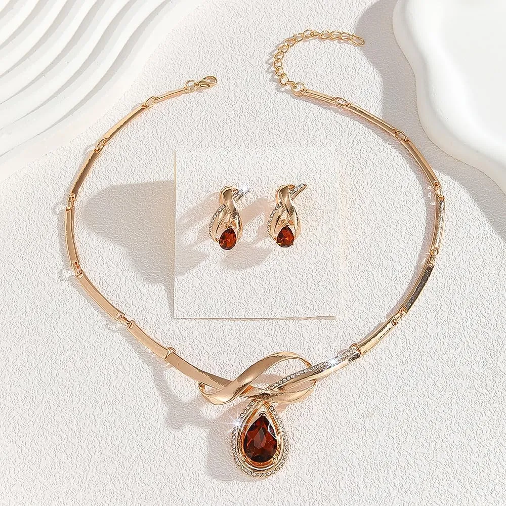 Alloy Crystal Statement Necklace Earrings Sets for Women Elegant Rose Gold Pendant Jewelry for Bridal Bridesmaid Weddings Parties Evening Events Special Occasions