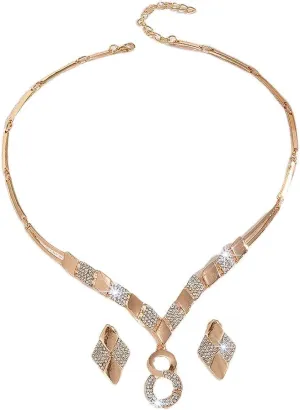 Alloy Crystal Statement Necklace Earrings Sets for Women Elegant Rose Gold Pendant Jewelry for Bridal Bridesmaid Weddings Parties Evening Events Special Occasions