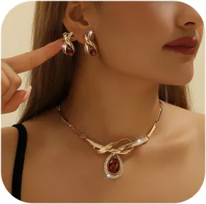 Alloy Crystal Statement Necklace Earrings Sets for Women Elegant Rose Gold Pendant Jewelry for Bridal Bridesmaid Weddings Parties Evening Events Special Occasions