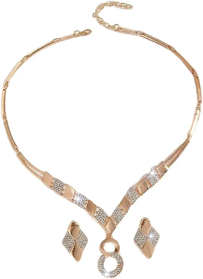 Alloy Crystal Statement Necklace Earrings Sets for Women Elegant Rose Gold Pendant Jewelry for Bridal Bridesmaid Weddings Parties Evening Events Special Occasions