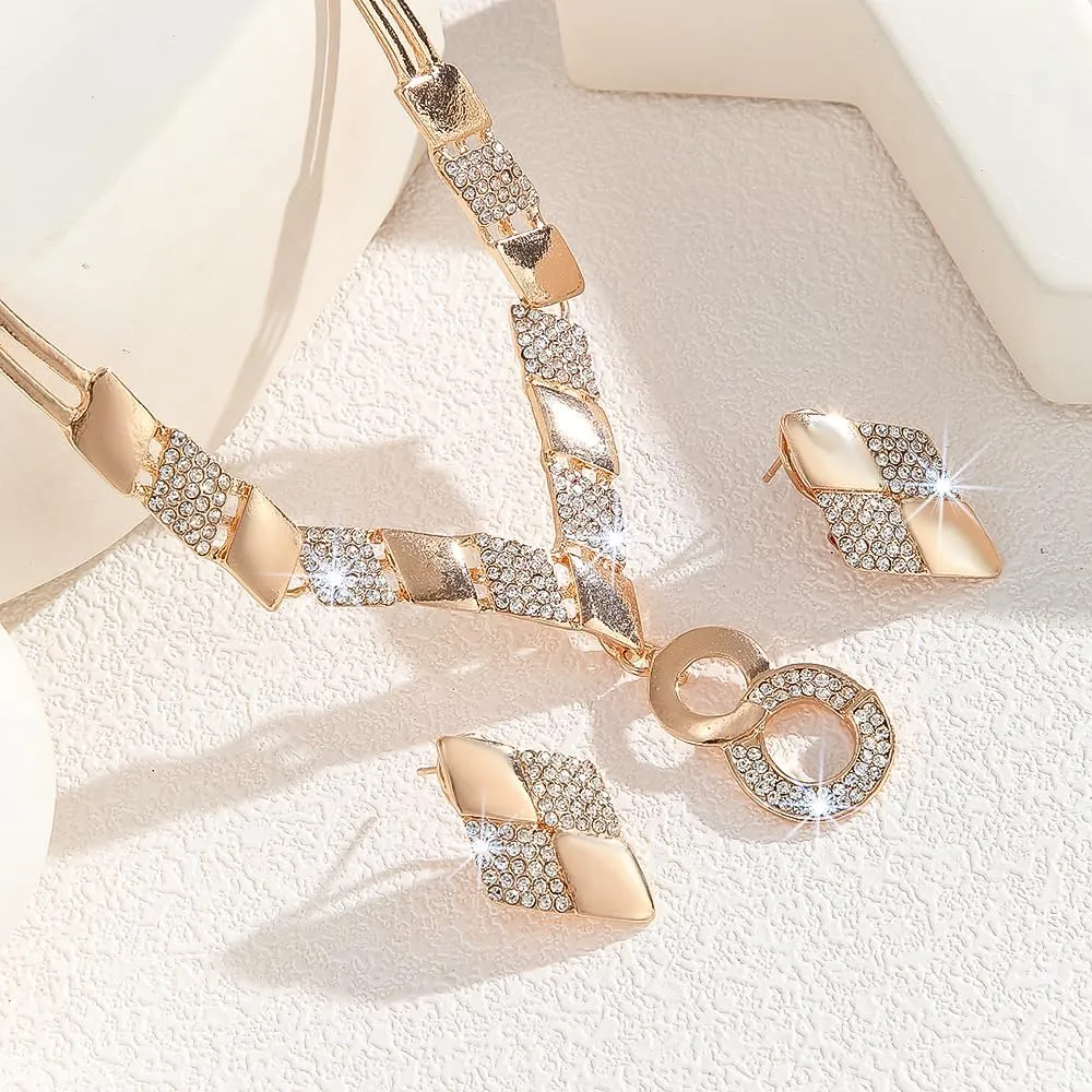 Alloy Crystal Statement Necklace Earrings Sets for Women Elegant Rose Gold Pendant Jewelry for Bridal Bridesmaid Weddings Parties Evening Events Special Occasions