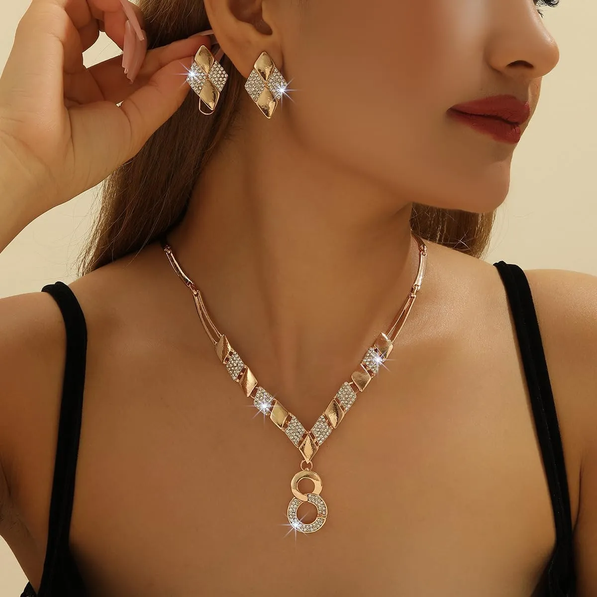 Alloy Crystal Statement Necklace Earrings Sets for Women Elegant Rose Gold Pendant Jewelry for Bridal Bridesmaid Weddings Parties Evening Events Special Occasions