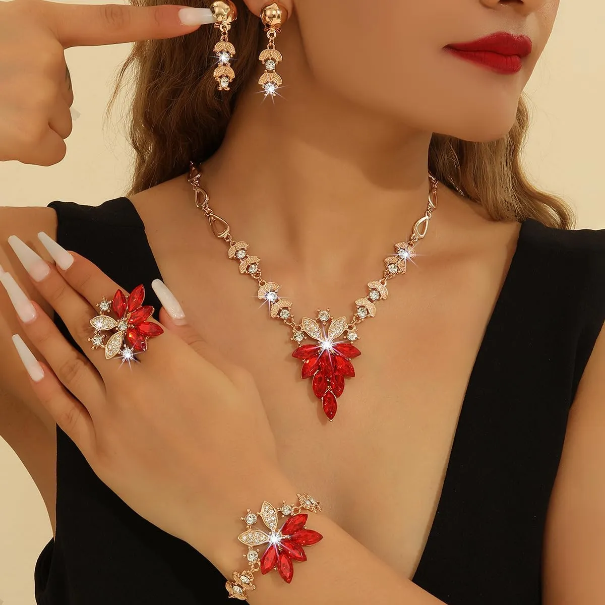 Alloy Crystal Statement Necklace Earrings Sets for Women Elegant Rose Gold Pendant Jewelry for Bridal Bridesmaid Weddings Parties Evening Events Special Occasions