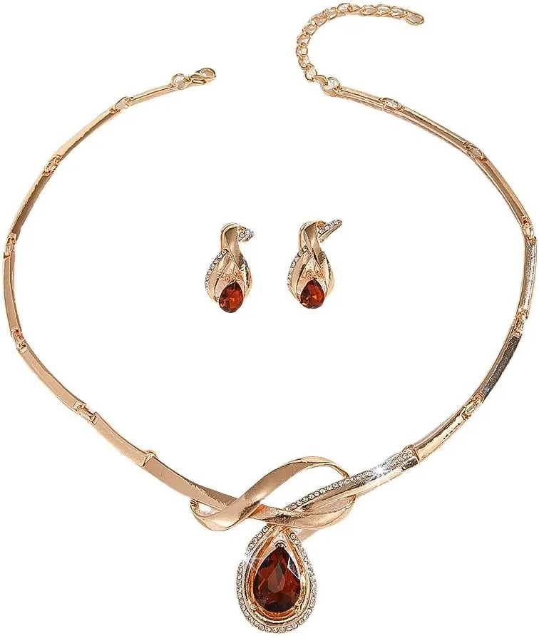 Alloy Crystal Statement Necklace Earrings Sets for Women Elegant Rose Gold Pendant Jewelry for Bridal Bridesmaid Weddings Parties Evening Events Special Occasions