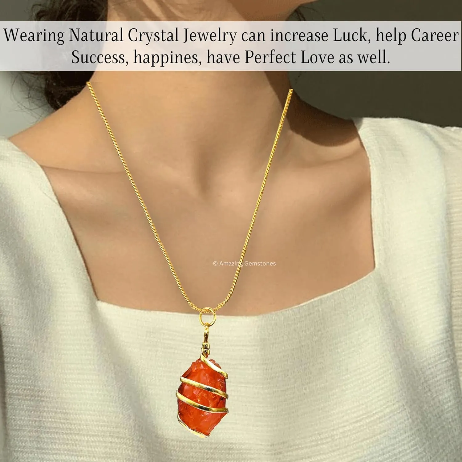 Amazing Gemstone Crystals and Healing Stones Carnelian Necklace - Gold Chain Necklace Pendant - Real Crystal Necklace