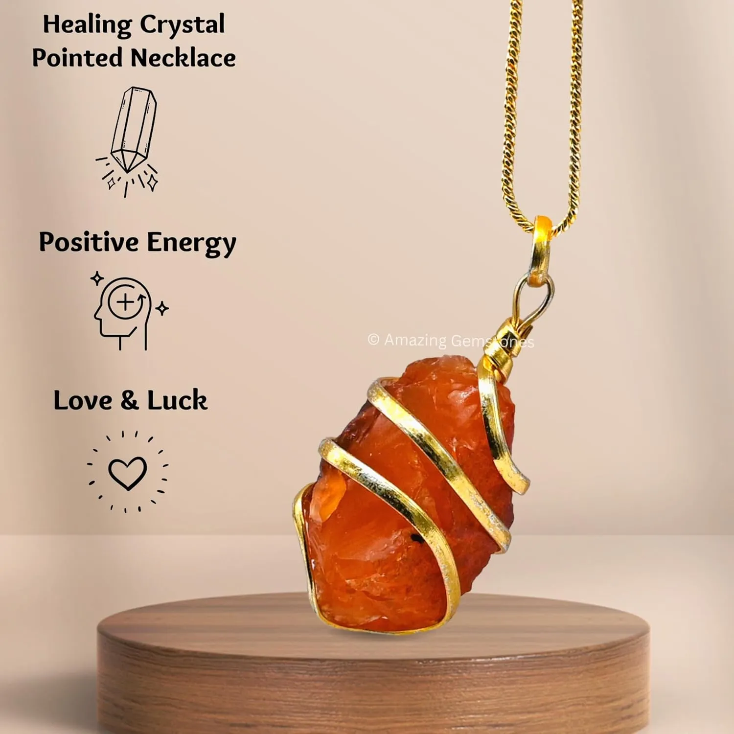 Amazing Gemstone Crystals and Healing Stones Carnelian Necklace - Gold Chain Necklace Pendant - Real Crystal Necklace